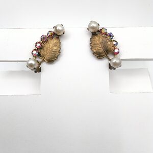 Vintage Elegant Gold tone Leaf Earrings with Faux Pearls and Rhinestones